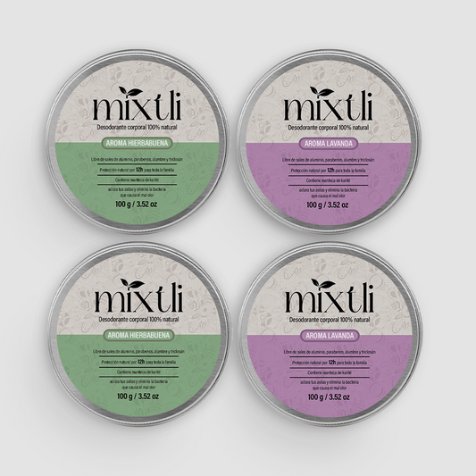 Paquete familiar 4 desodorantes Mixtli 100g Diferentes aromas